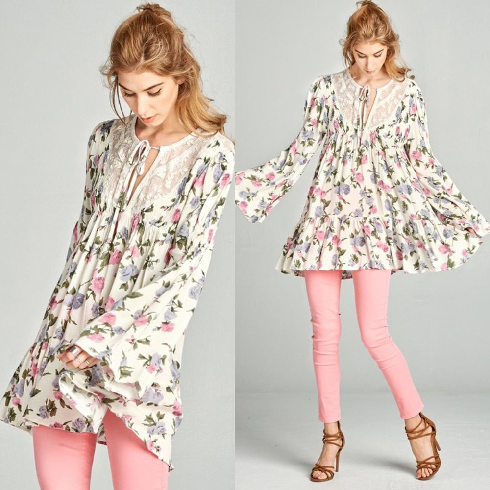 NEW Cream Pink Lilac Floral Lace Inset Tunic Top - Picture 4 of 12